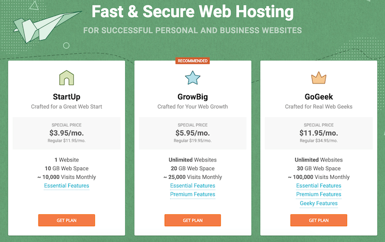 SiteGround offers various plans when it comes to web hosting. Whether you are a professional or a noob, it has the right package for your needs.