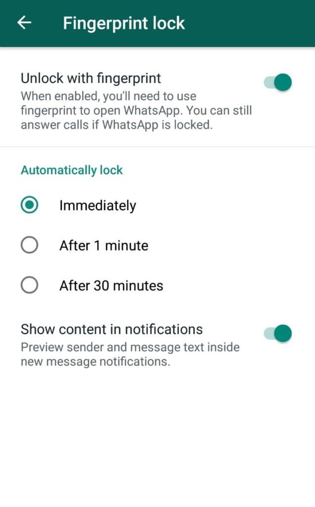List of options available to WhatsApp users trying to set the fingerprint.