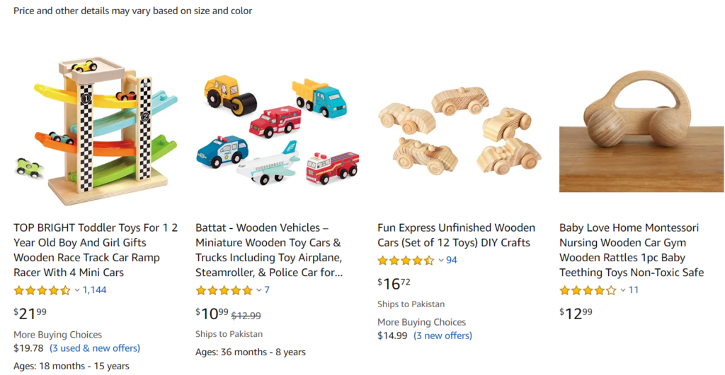 Online search of wooden cars on Amazon