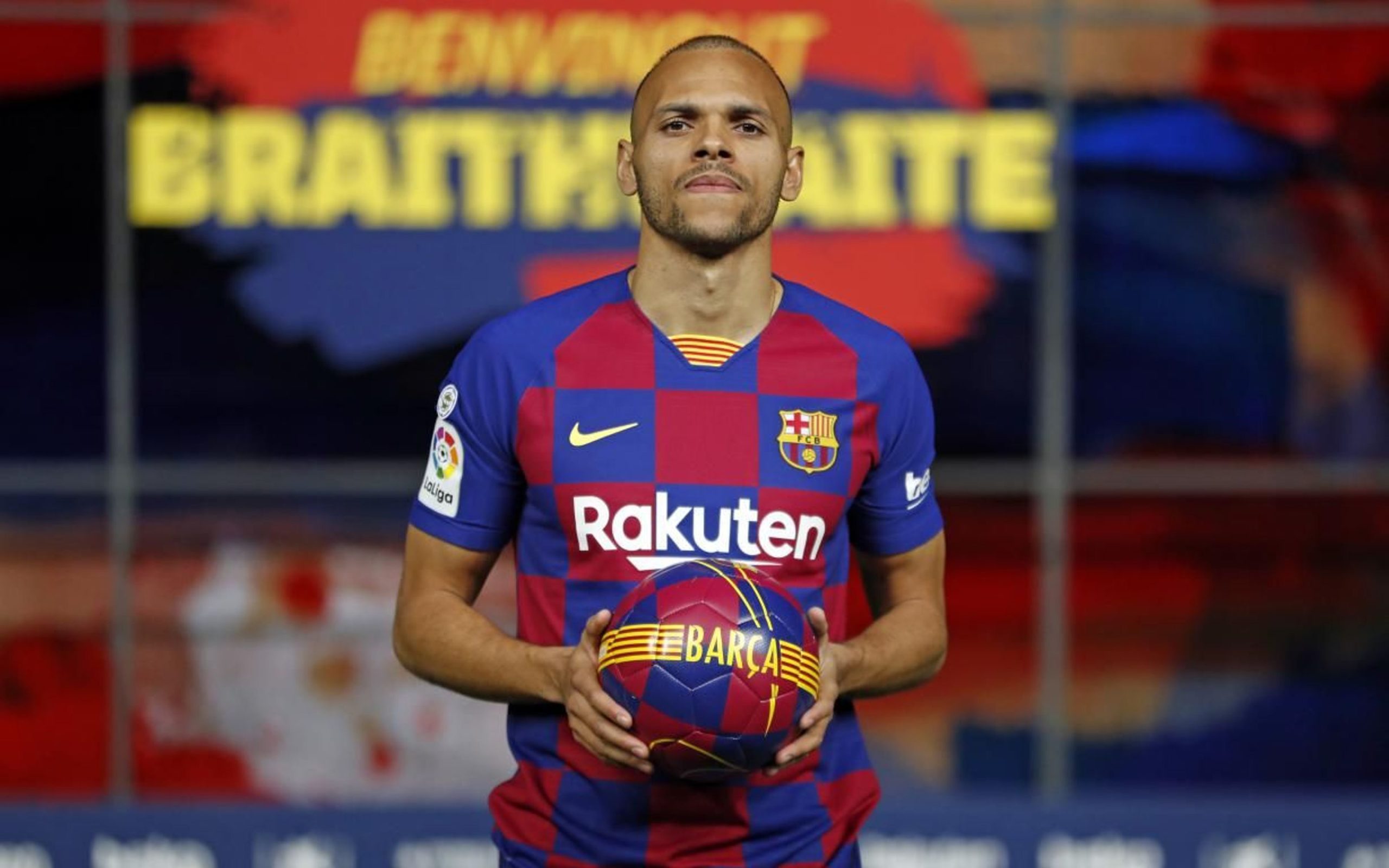 Martin Braithwaite at his presentation at the Camp Nou.