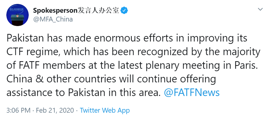 China supports Pakistan in FATF meetings.